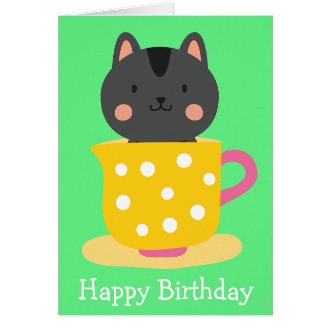 Cute cat in tekopp tecknad on mynt hälsningskort (Framsidan)