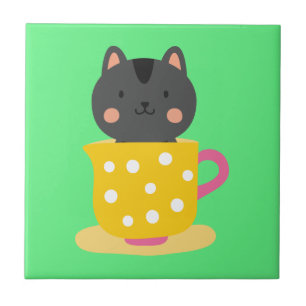 Cute cat in tekopp tecknad on mynt kakelplatta