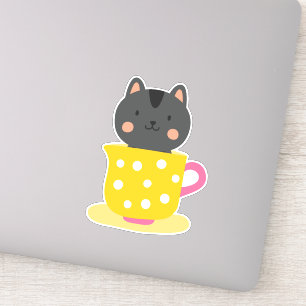 Cute cat in tekopp tecknad on mynt klistermärken