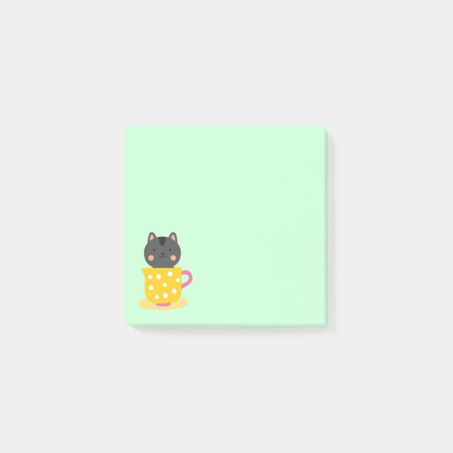 Cute cat in tekopp tecknad on mynt post-it block (Framsida)