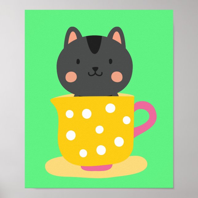 Cute cat in tekopp tecknad on mynt poster (Framsidan)