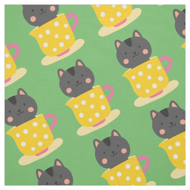 Cute cat in tekopp tecknad on mynt tyg (Provkarta)