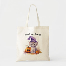 Cute Cat in Witch's Hat Halloween Bus eller godis Tygkasse