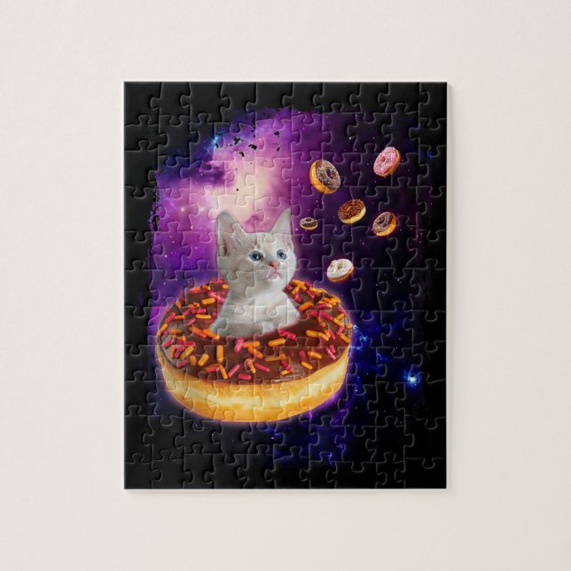 Cute Cat Inside Donut i rymden Kattunge Älskare Pussel (Vertikal)