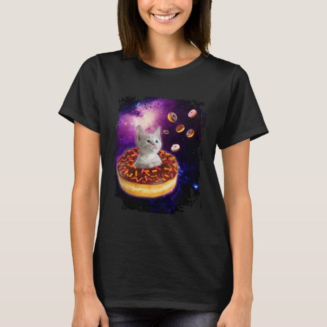 Cute Cat Inside Donut in Space Boys Girl  Kitty in T Shirt (Framsida)