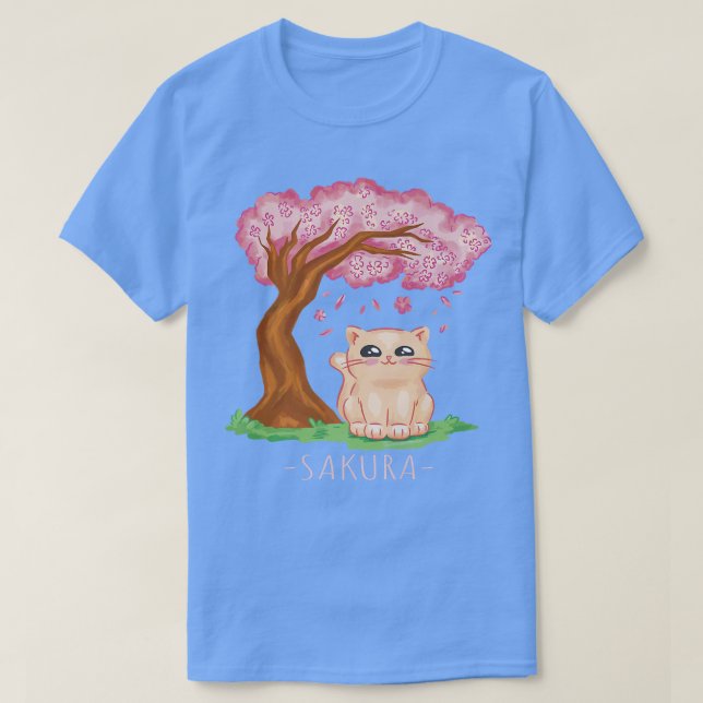 Cute Cat Japansk Cherry Blommar Träd Sakura Flowe T Shirt (Design framsida)