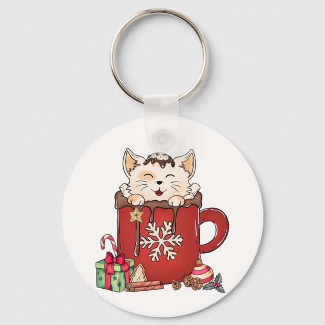 Cute Cat-julchoklad Kaffe Nyckelring (Framsida)