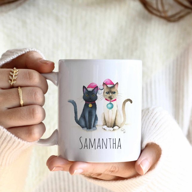 Cute Cat-julen Kaffe koppar (Christmas coffee mugs feature a black cat and a siamese cat in watercolor by Victoria Grigaliunas)
