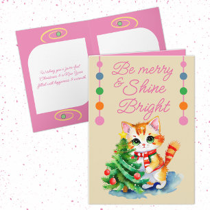 Cute cat & Julgran be Merry kräm rosa Helgkort