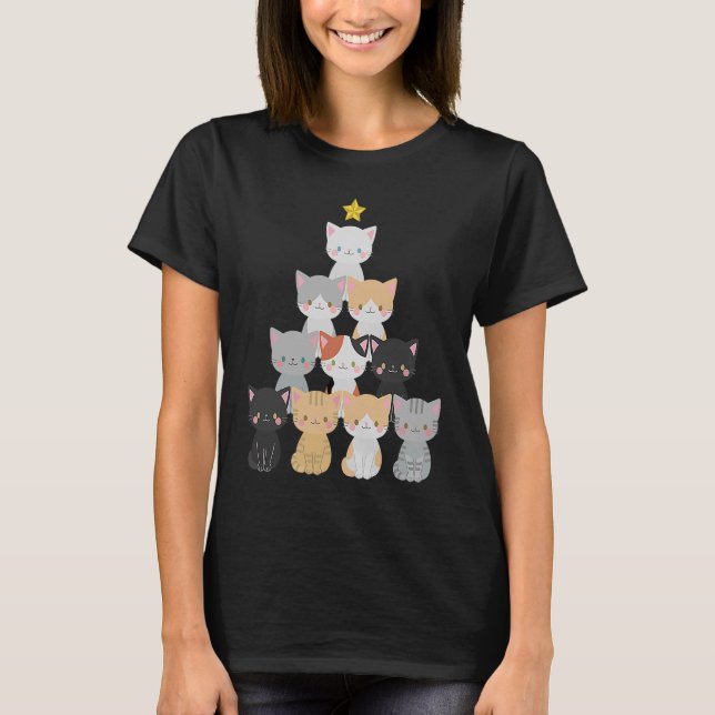 Cute Cat Julgran Meowy Julafton Helgdag T Shirt (Framsida)