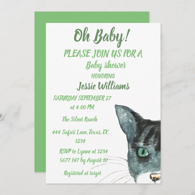 Cute Cat Kattunge Kitten Grönt Pojke Girl Inbjudningar (Fram/baksida)