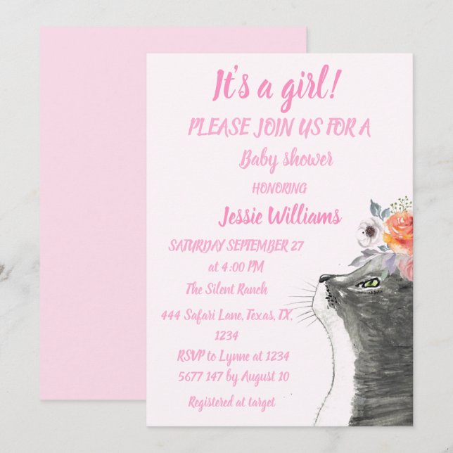 Cute Cat Kattunge Kitten Rosa Girl Baby Shower Inbjudningar (Fram/baksida)