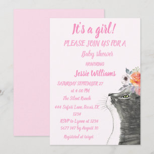 Cute Cat Kattunge Kitten Rosa Girl Baby Shower Inbjudningar