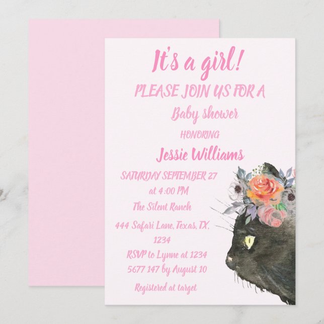 Cute Cat Kattunge Kitten Rosa Girl Baby Shower Inv Inbjudningar (Fram/baksida)