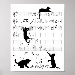 Cute Cat Kattunge spelar upp musikanteckning Clef Poster