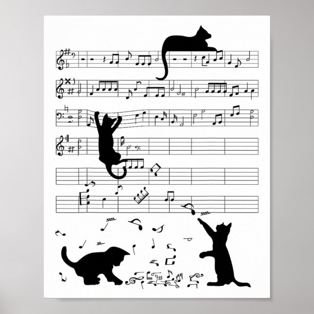 Cute Cat Kattunge spelar upp musikanteckning Clef  Poster (Framsidan)