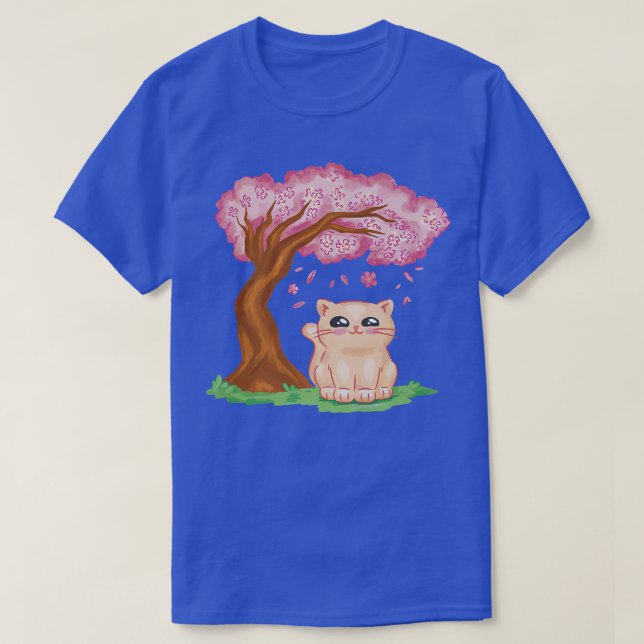 Cute Cat Kawaii Japansk Cherry Blommar Sakura Ani T Shirt (Design framsida)