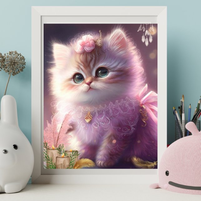 Cute Cat Kitten i Lila Dress Blommigt Art Nursery Poster (Skapare uppladdad)