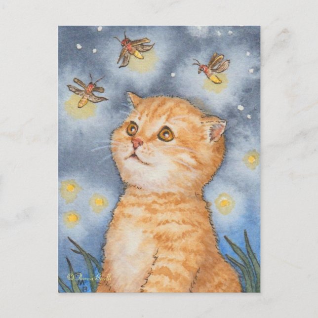 Cute Cat Kitten med Firefly Fireworks-vykort Vykort (Framsida)