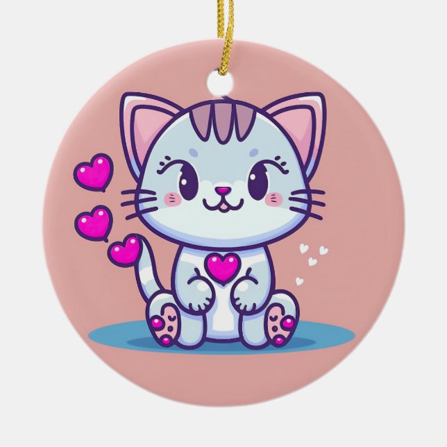 Cute Cat Kitten med hjärtan Valentine Inspired | Julgransprydnad Keramik (Framsidan)
