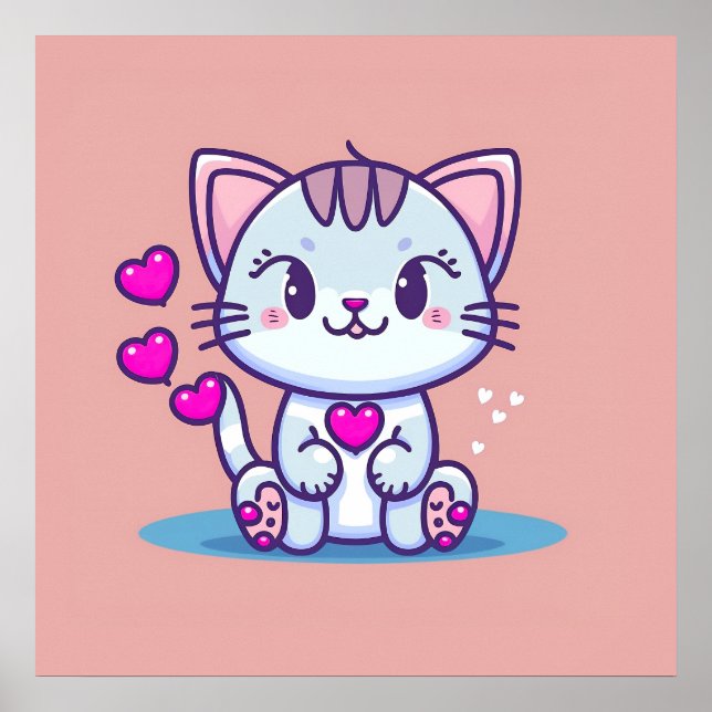 Cute Cat Kitten med hjärtan Valentine Inspired | Poster (Framsidan)
