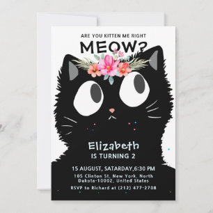 Cute Cat Kitten Meow Blommigt Krona Födelsedagsfes Inbjudningar