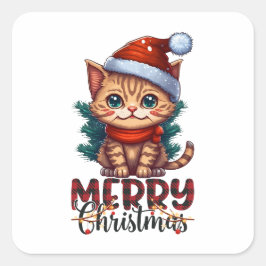 Cute Cat Kitten Merry Christmas Square Sticker Fyrkantigt Klistermärke