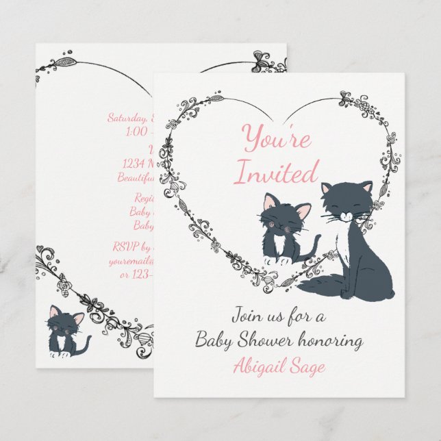 Cute Cat, Kitten och Flower Heart Baby Shower Inbjudningar (Fram/baksida)