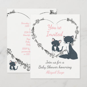 Cute Cat, Kitten och Flower Heart Baby Shower Inbjudningar