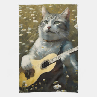 Cute Cat Kitten Spela upp akustiskt gitar Kökshandduk
