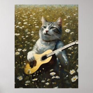 Cute Cat Kitten Spela upp akustiskt gitar Poster