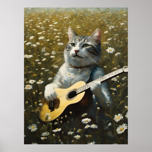 Cute Cat Kitten Spela upp akustiskt gitar Poster (Framsidan)