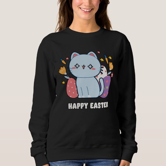 Cute Cat Kitty Happy Easter Day Egg Hunter Boys Gi T Shirt (Framsida)