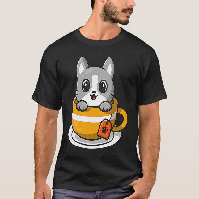 Cute Cat Kitty in a coffee or tea cup T Shirt (Framsida)