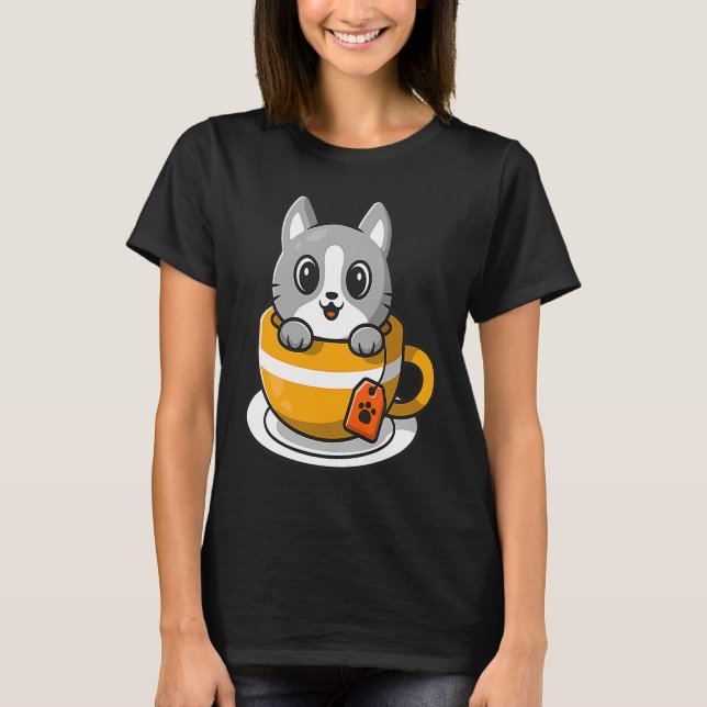 Cute Cat Kitty in a coffee or tea cup T Shirt (Framsida)