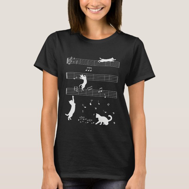 Cute Cat Kitty Playing Music Note Clef Musician T Shirt (Framsida)