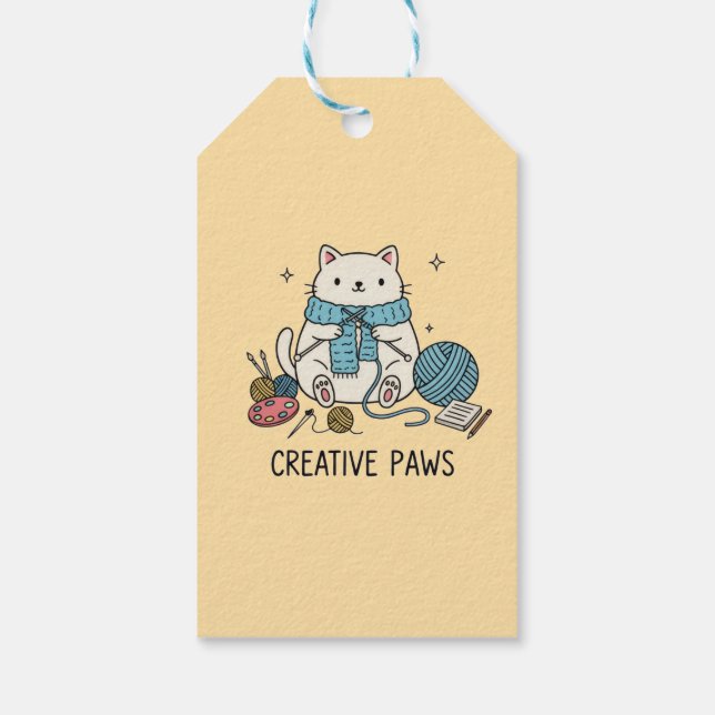 Cute Cat Knitting Creative Paws Yellow Stationery  Presentetikett (Baksidan)