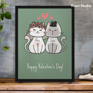 Cute Cat lite god Alla hjärtans dag Pastel-Grönt Fototryck