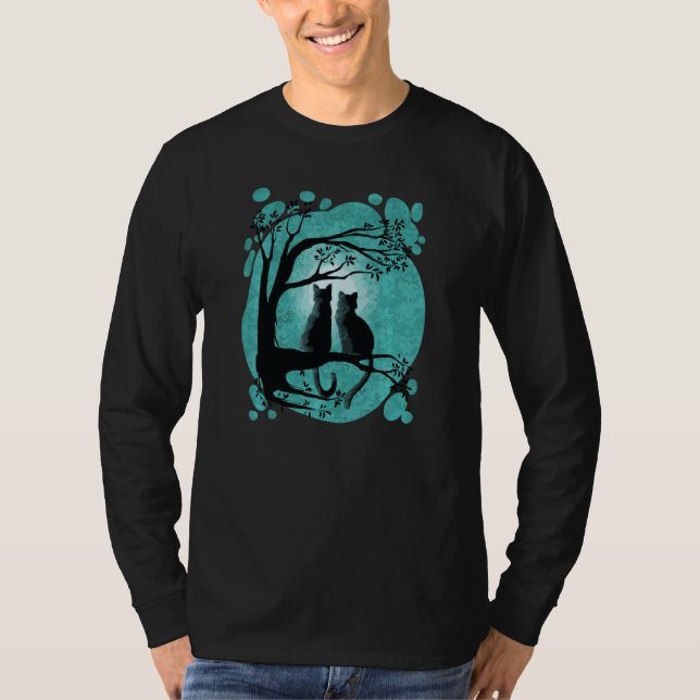 Cute Cat lite Sitta vid Träd med Måne i B T Shirt (Framsida)