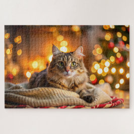 Cute cat lounging på en mysigt julfilt pussel