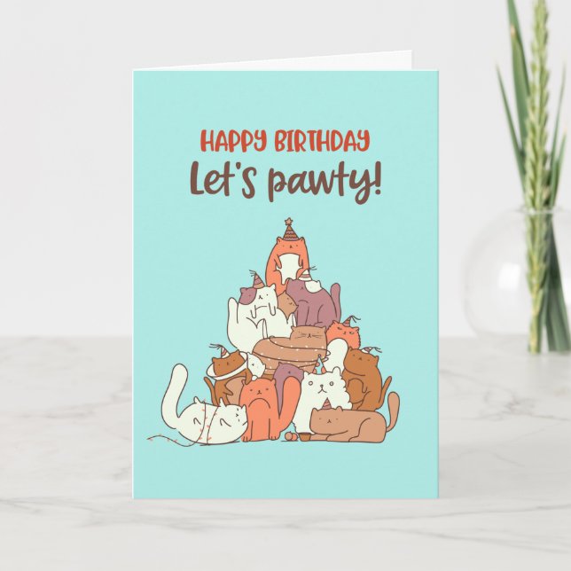 Cute Cat Lover Pun Låt oss Pawty Funny Birthday Kort (Framsida)