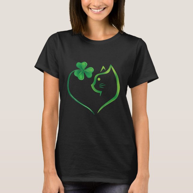 Cute Cat Lucky Shamrock Heart St patrick's day T Shirt (Framsida)