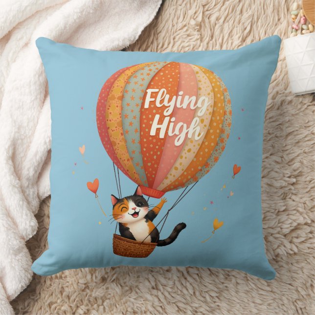 Cute Cat Luftballong Whimsical Art Kudde (Filt)
