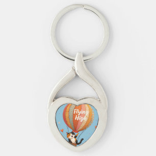 Cute Cat Luftballong Whimsical Art Twisted Heart Silverfärgad Nyckelring
