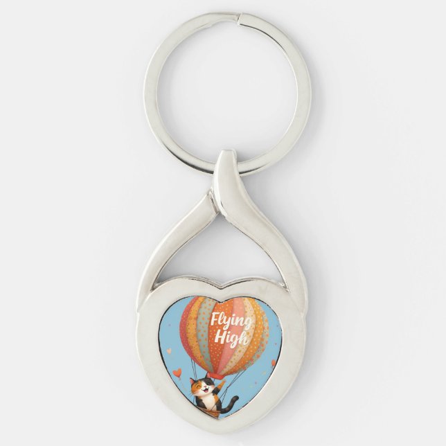 Cute Cat Luftballong Whimsical Art Twisted Heart Silverfärgad Nyckelring (Framsidan)