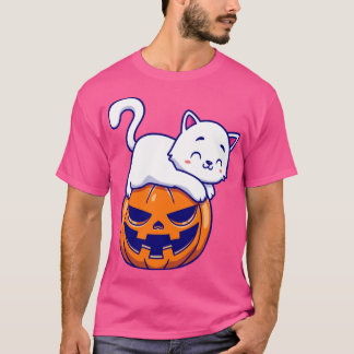Cute Cat Luting på Pumpkin Halloween-Tecknad T Shirt