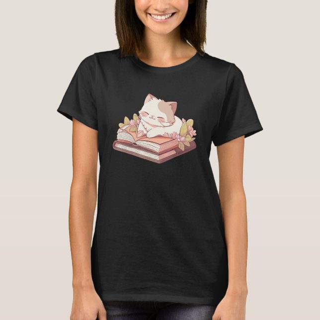 Cute Cat Lying On Opened Book With Flower Aestheti T Shirt (Framsida)