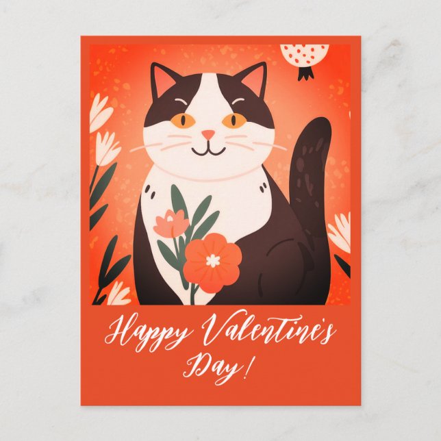 Cute Cat med blommor Glans Alla hjärtans dag Helg Vykort (Framsida)