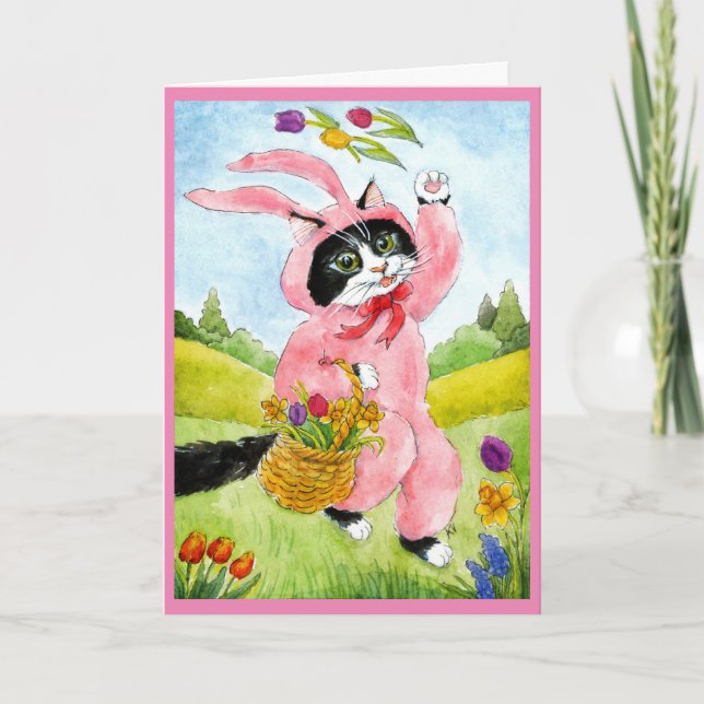 Cute Cat med blommor i bunny kostym-kort Helgkort (Framsida)