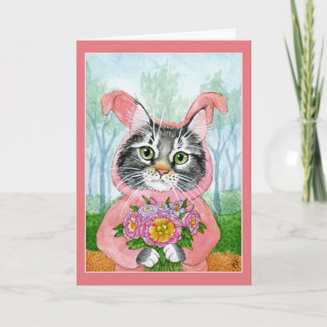 Cute Cat med blommor i bunny kostym-kort Helgkort (Framsida)
